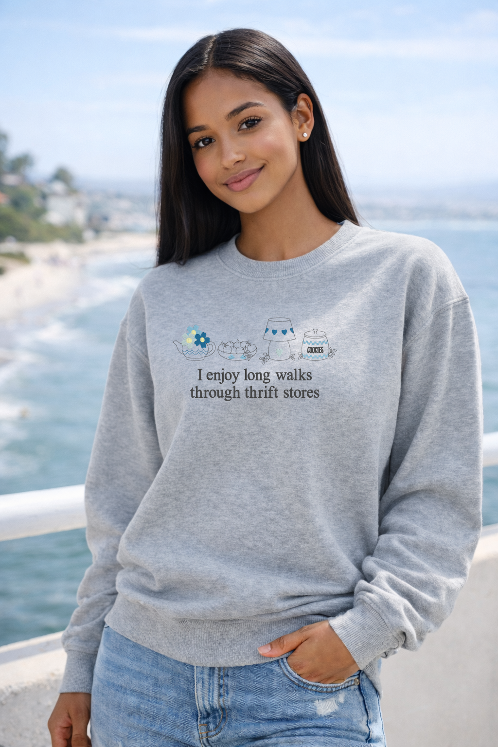 “I Enjoy Long Walks Through Thrift Stores” Embroidered Crewneck