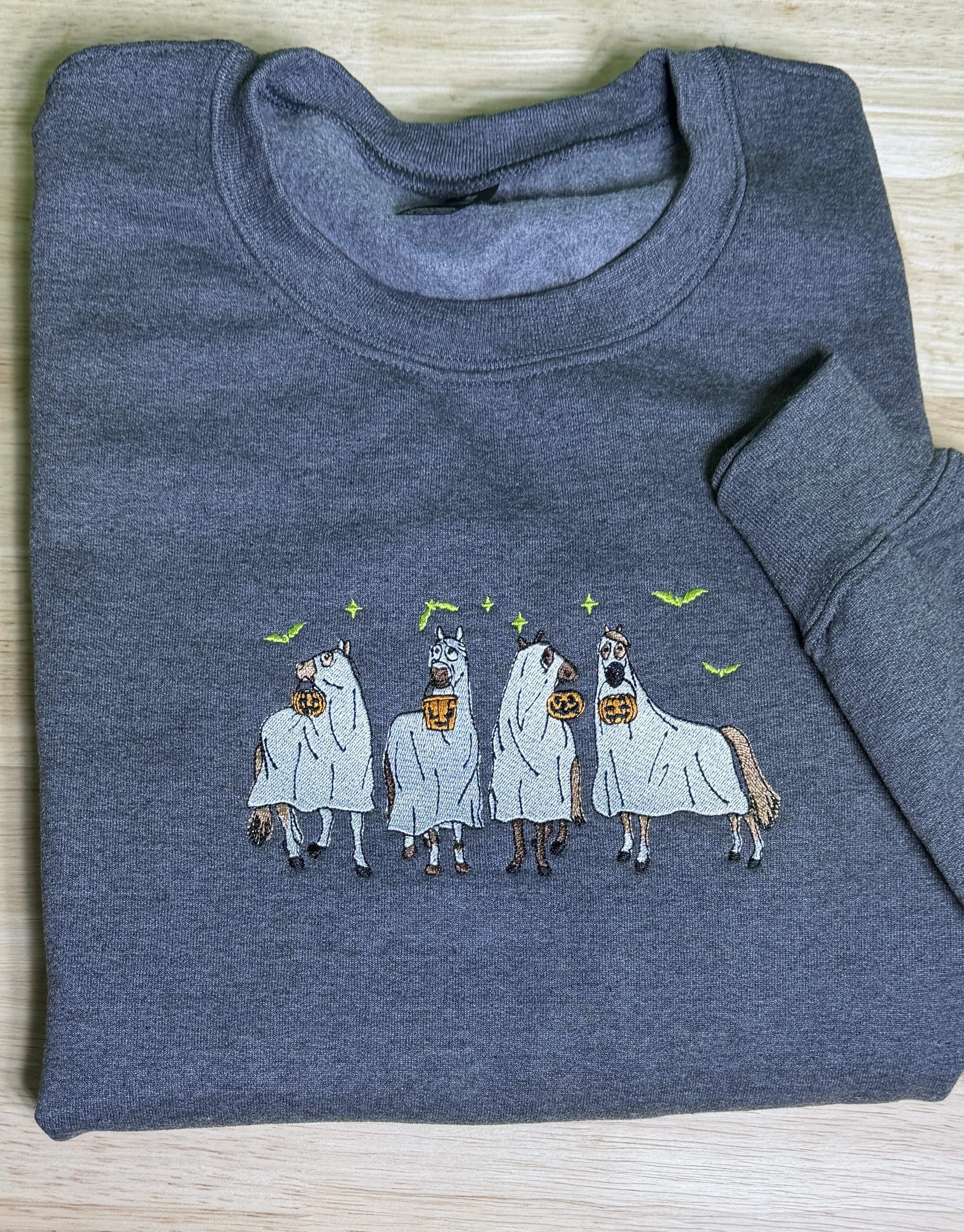 Horse Ghost Embroidered Crewneck Sweatshirt on Dark Heather