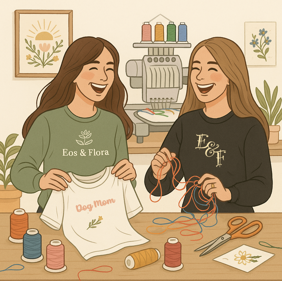 Illustration of two women at an embroidery station, smiling, with one holding a 'Dog Mom' shirt. An embroidery machine, threads, and scissors are on the table.