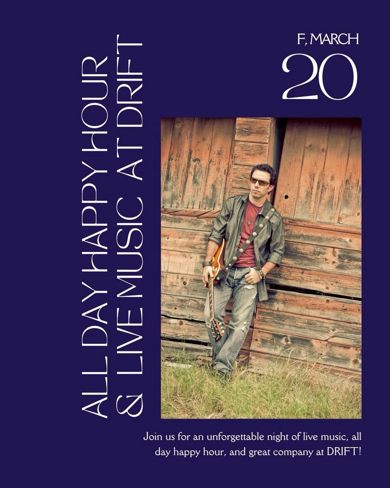 All day happy hour and live music at @driftlajolla 🎶

Join us for an evening with Chris James, playing live from 6&ndash;9PM this Friday, March 20. Good vibes, all day happy hour, great tunes, and the perfect way to spend the night.