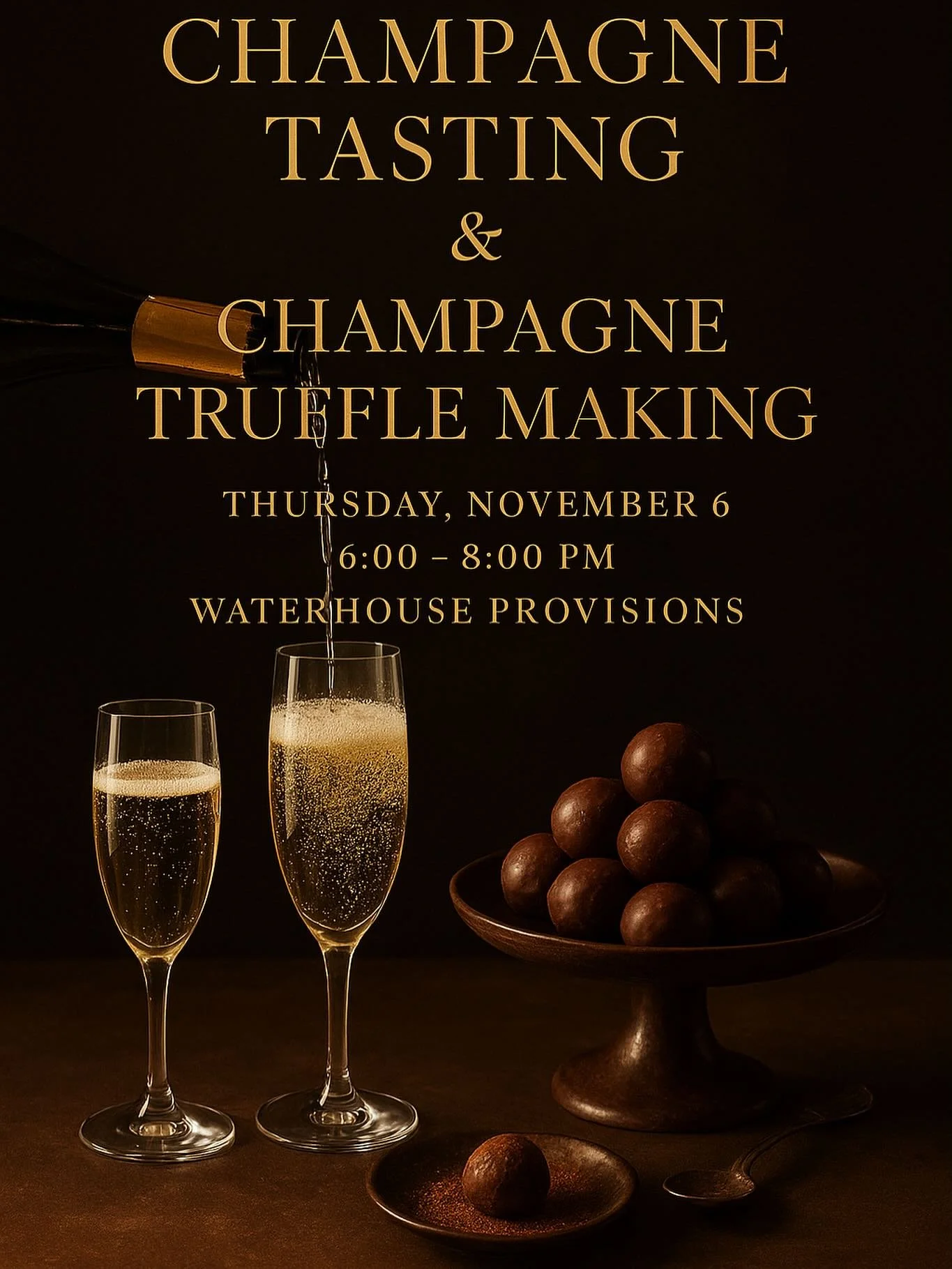 ✨ Pop, sip, and savor! ✨ Join us Thursday, Nov 6 from 6&ndash;8 PM at Waterhouse Provisions for an effervescent evening of Champagne tasting with Maureen, Champagne Specialist from Imperial Importers and Champagne truffle making with the amazing choc