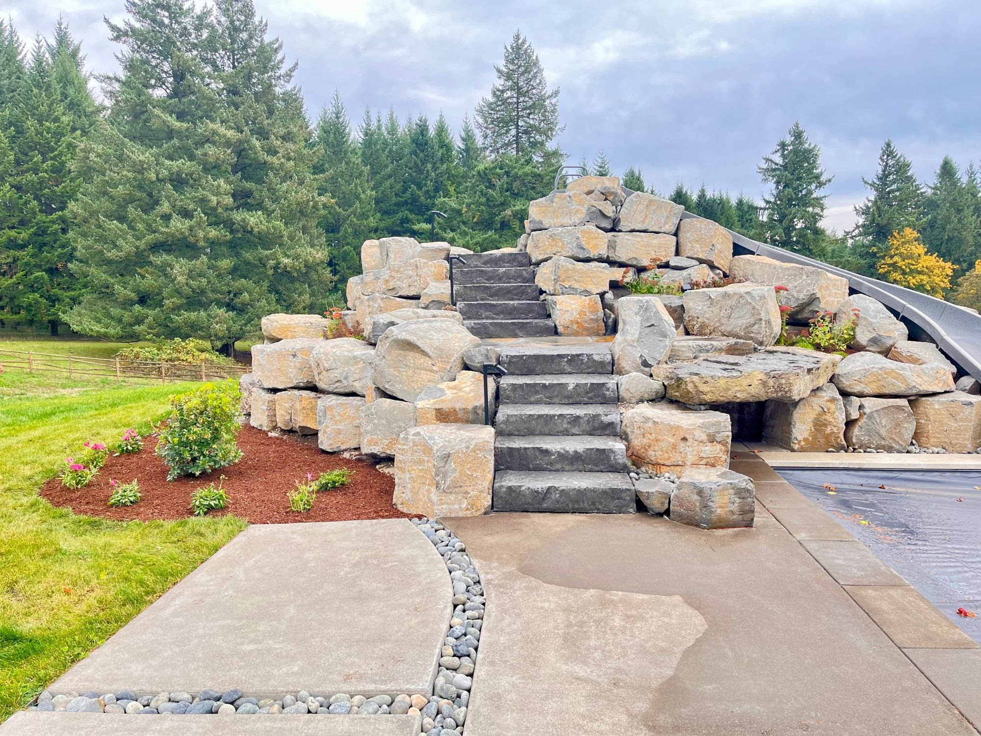 Landscaping and steps installed by Big Sky Landscaping after a successful project completed in West Linn, OR.