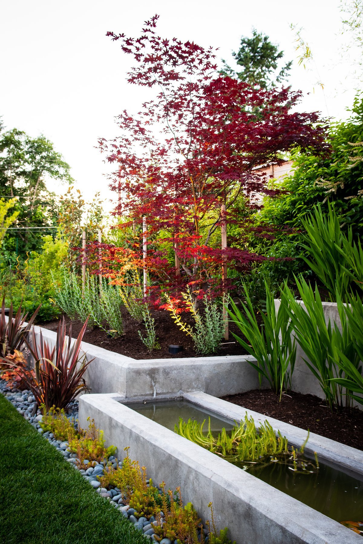 Modern concrete retaining walls and a custom water feature highlight the expertise of these beaverton landscapers.