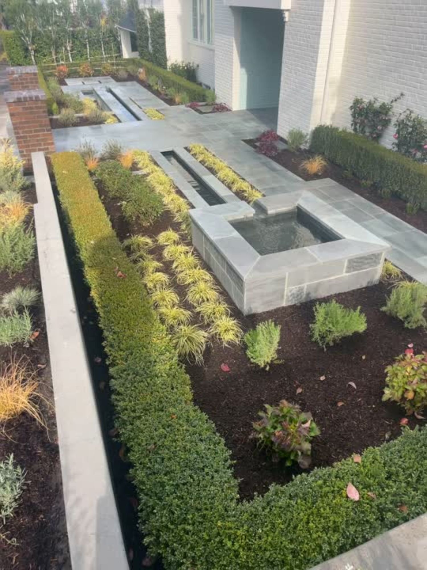 A recently installed landscape design project, complete with a fountain and lined hedges, was completed by Big Sky Landscaping in Lake Oswego. 