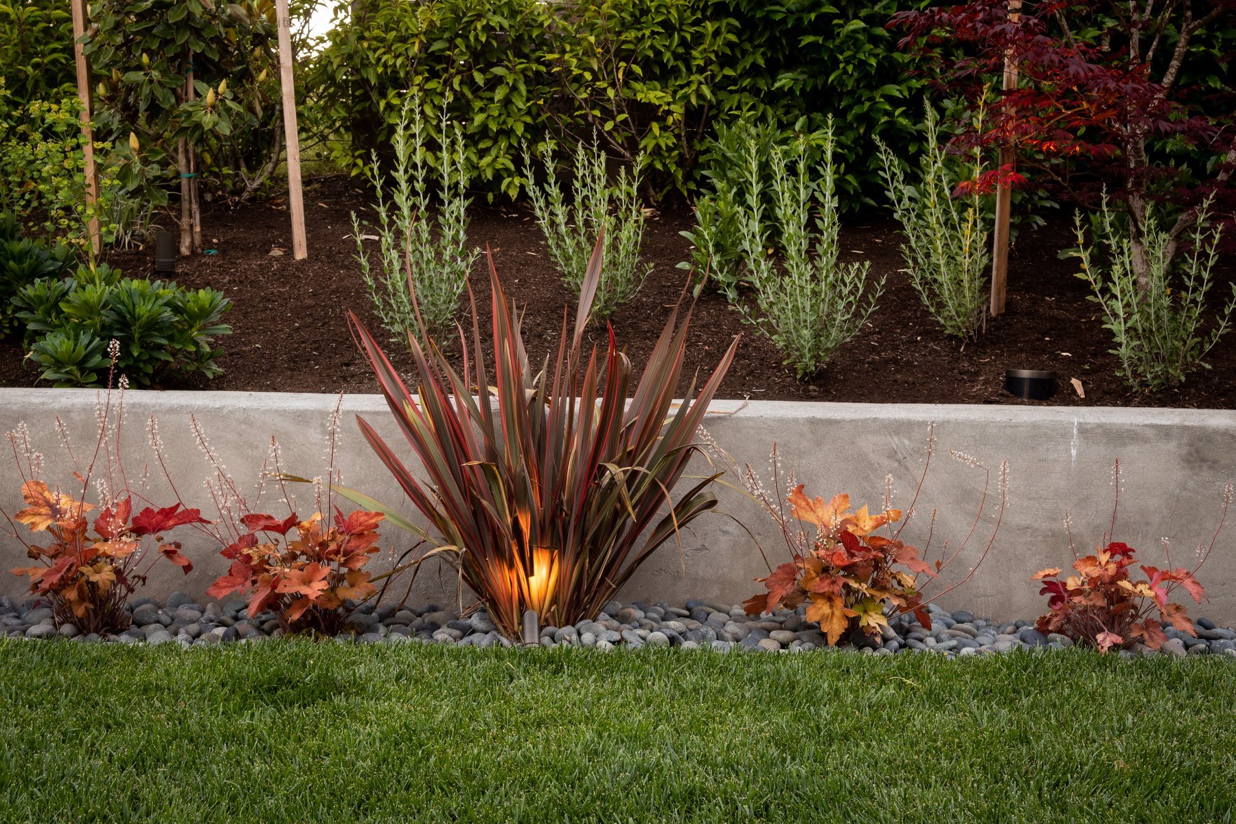 Professional beaverton landscape design featuring clean concrete borders, river rock mulch, and architectural accent lighting.