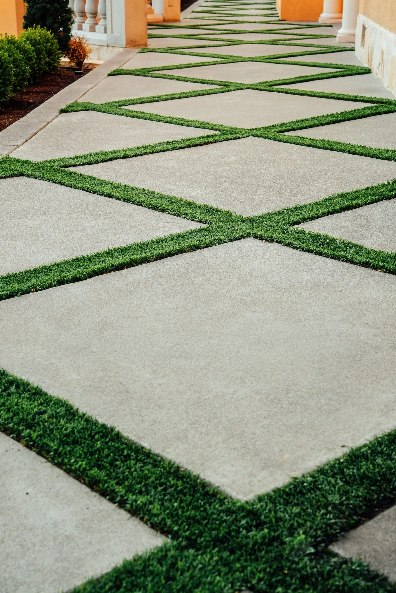 Modern geometric concrete pavers with grass inlay create a unique and clean walkway designed by a Tigard landscaping company.