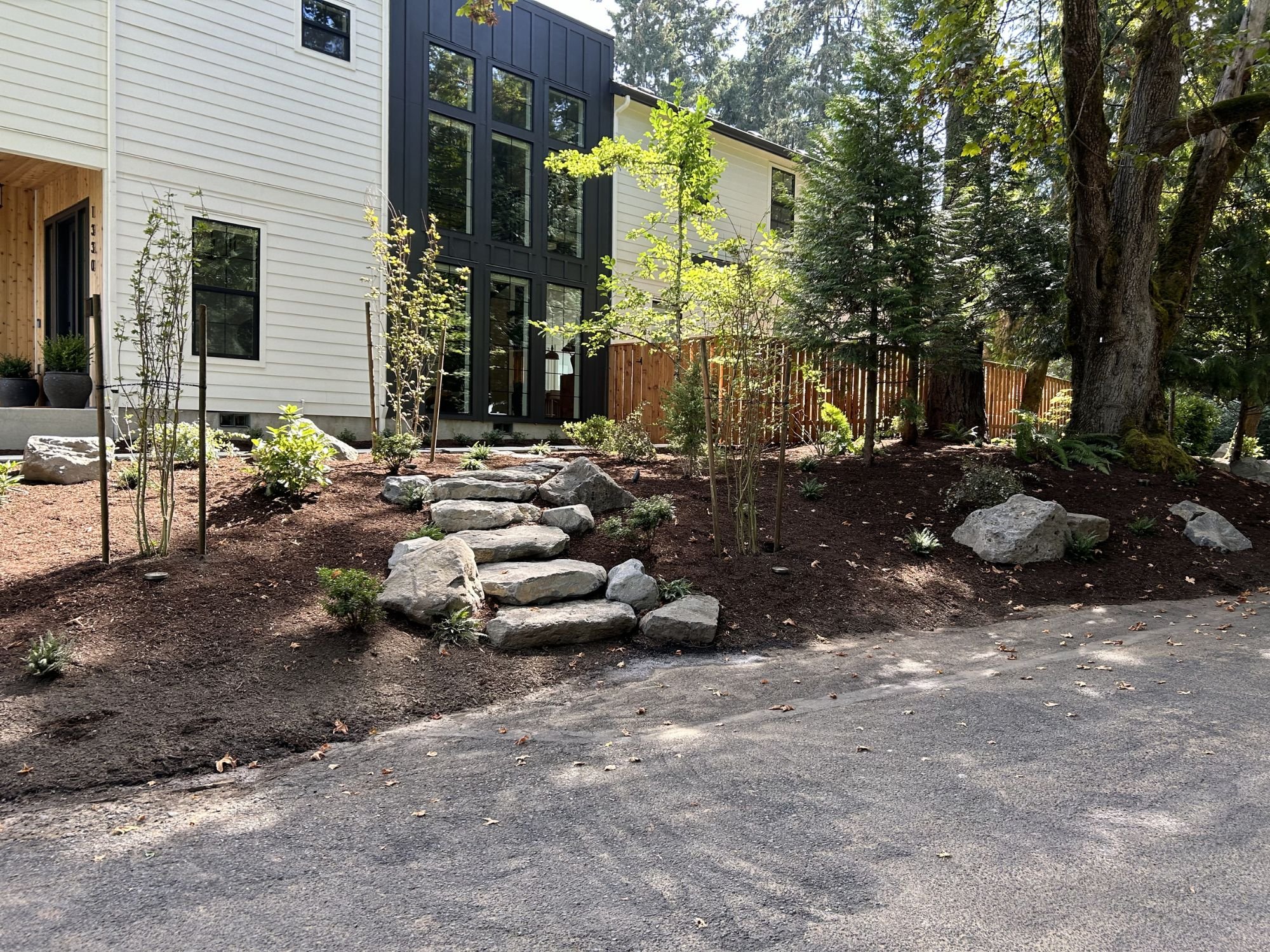 A natural landscape design installation performed by Big Sky Landscaping on a home in Lake Oswego, OR. 