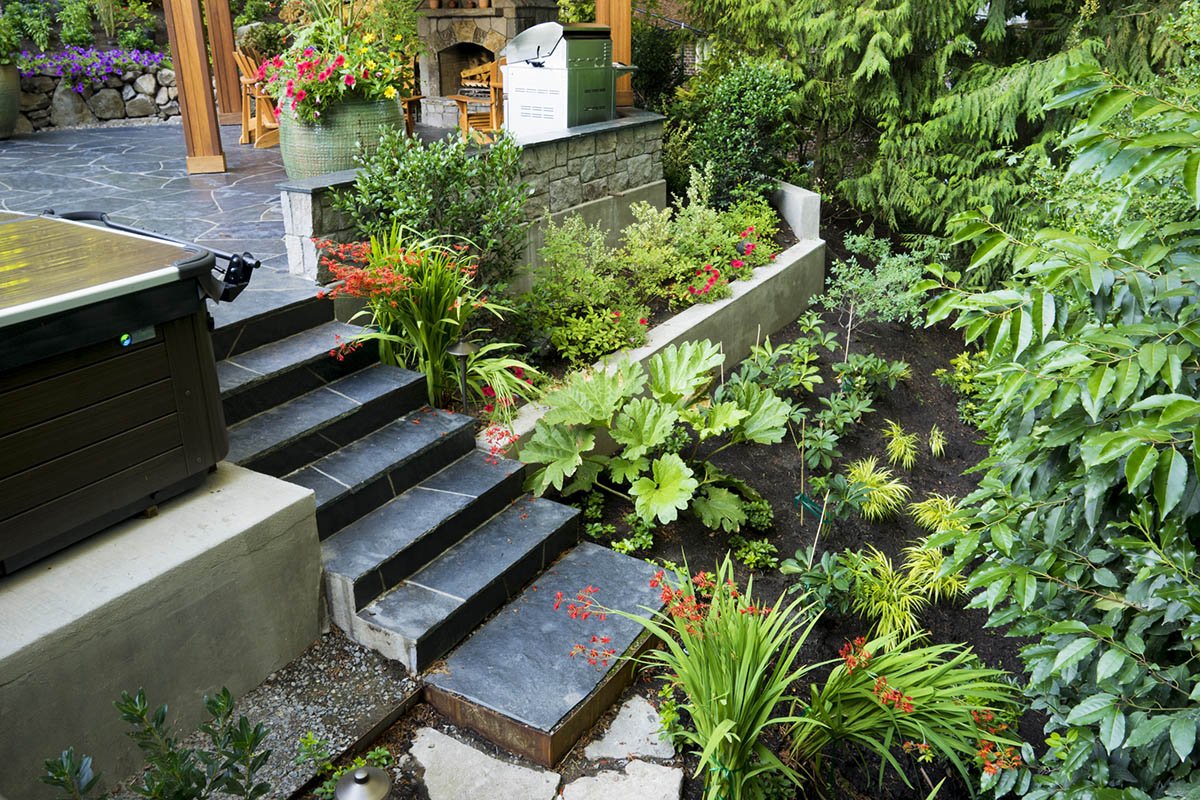 Lush landscape design project constructed in Lake Oswego, OR, by Big Sky Landscaping.
