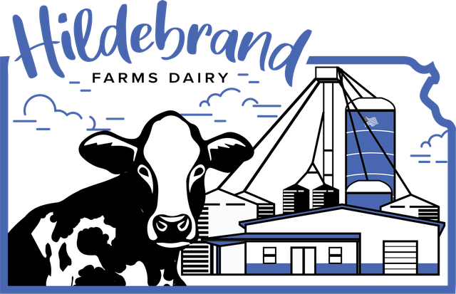 Illustration of a cow's head and a dairy farm with buildings and a milk silo, logo for the brand Hildebrand Farms Dairy