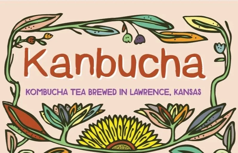 Illustrated logo for 'Kanbucha' featuring flowers, leaves, and berries with the text 'Kombucha tea brewed in Lawrence, Kansas'.