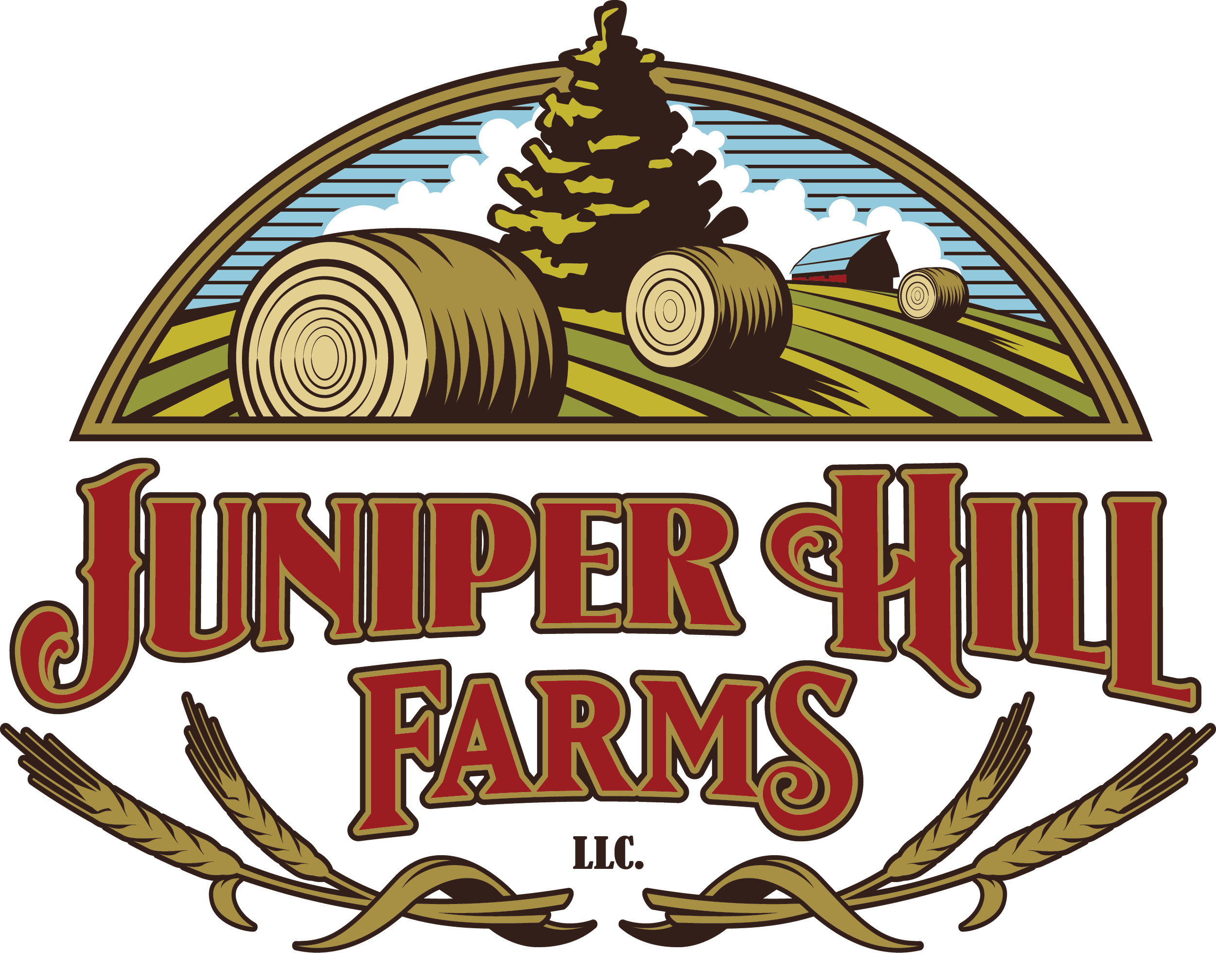 Logo for Juniper Hill Farms showing a farm landscape with hay bales, barn, and tree, with the farm name in ornamental text and decorative wheat stalks.