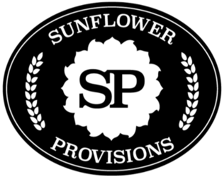 Logo for Sunflower Provisions with the initials SP inside a stylized sunflower, surrounded by the words "Sunflower" and "Provisions" with laurel branches.
