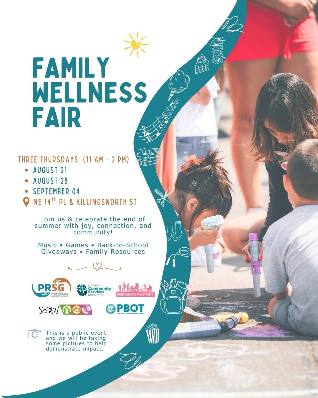 🎉 Family Wellness Fair &ndash; Volunteers Needed! 🎉
Join PRSG, Lutheran Community Services NW, Sabin CDC, &amp; PBOT for three Thursdays of joy, connection, and community as part of the Portland Play Street Program!

📅 Aug 21, Aug 28, Sept 4
🕚 11