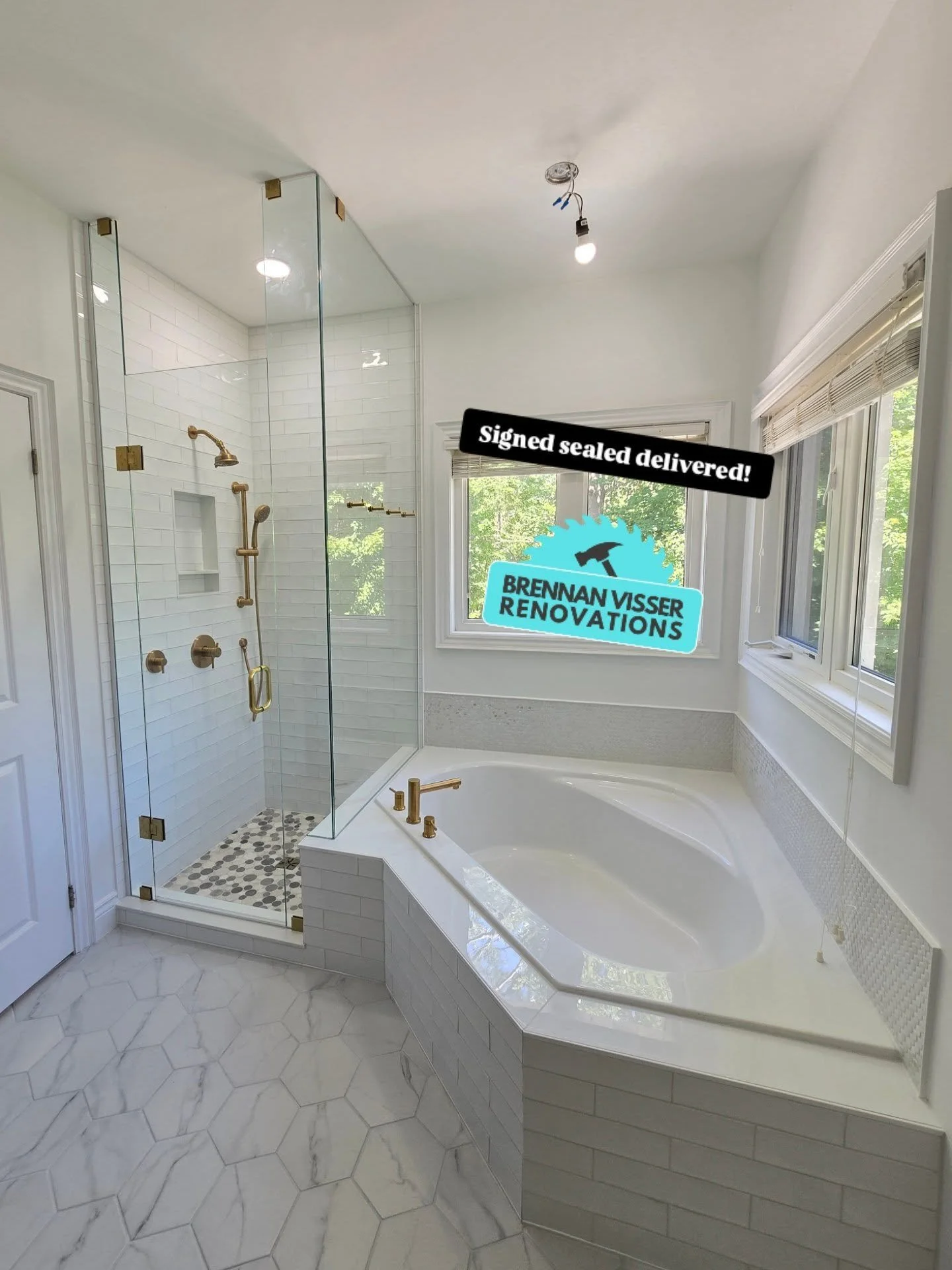 Newly renovated bathroom for our clients! 
Everything new for the exception of the original corner tub. Brighter, lighter, and premium quality finishes 💪 

Contact Brennan Visser Renovations for your bathroom and interior renovation needs!