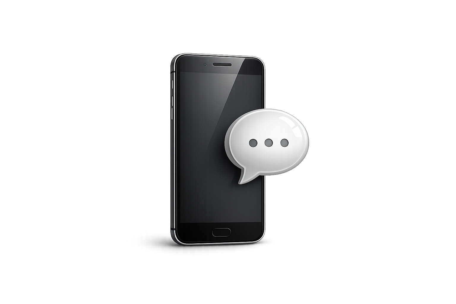 Un teléfono inteligente con una burbuja de chat en la pantalla, en un fondo oscuro con efectos de luz en tonos morados, rojos y azules.