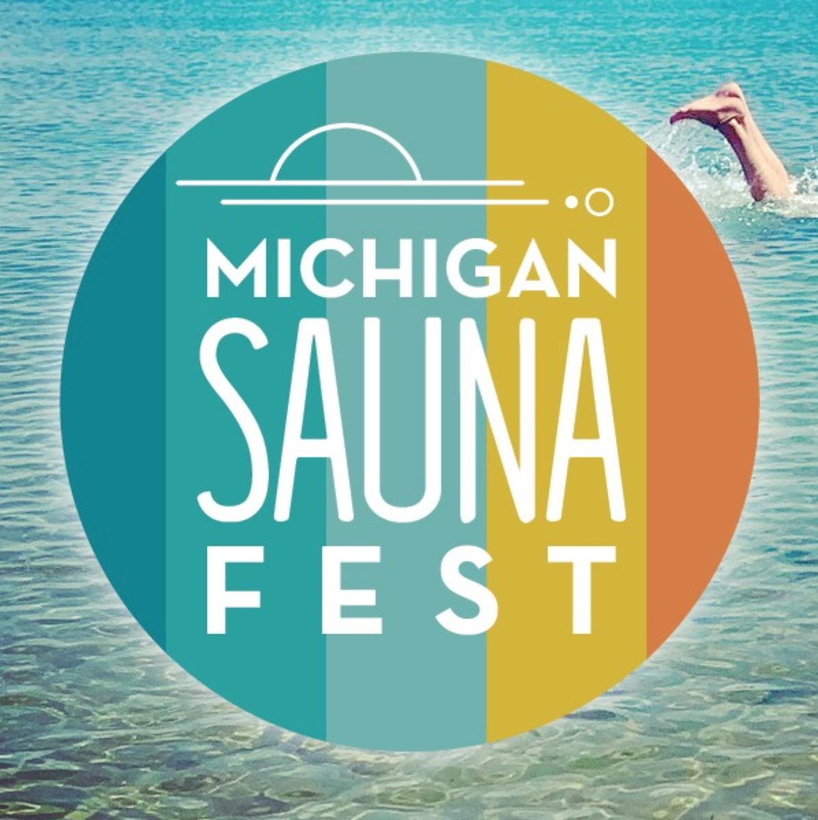 Logo for Michigan Sauna Fest over a background of water with a person swimming.