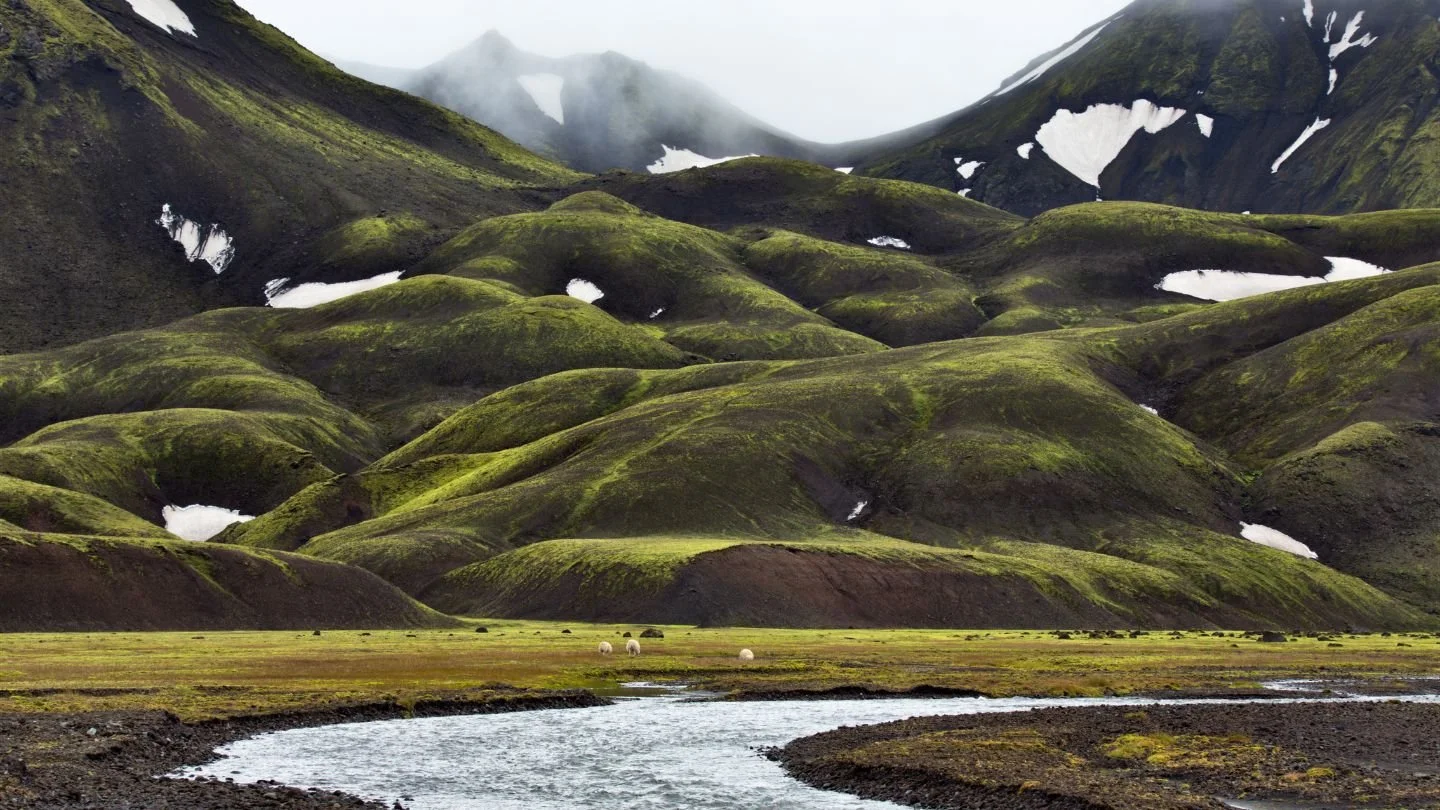 Lush green moss-covered hills and mountains under cloudy sky, with patches of snow, a small river flowing through the valley, and sheep grazing on the plains.