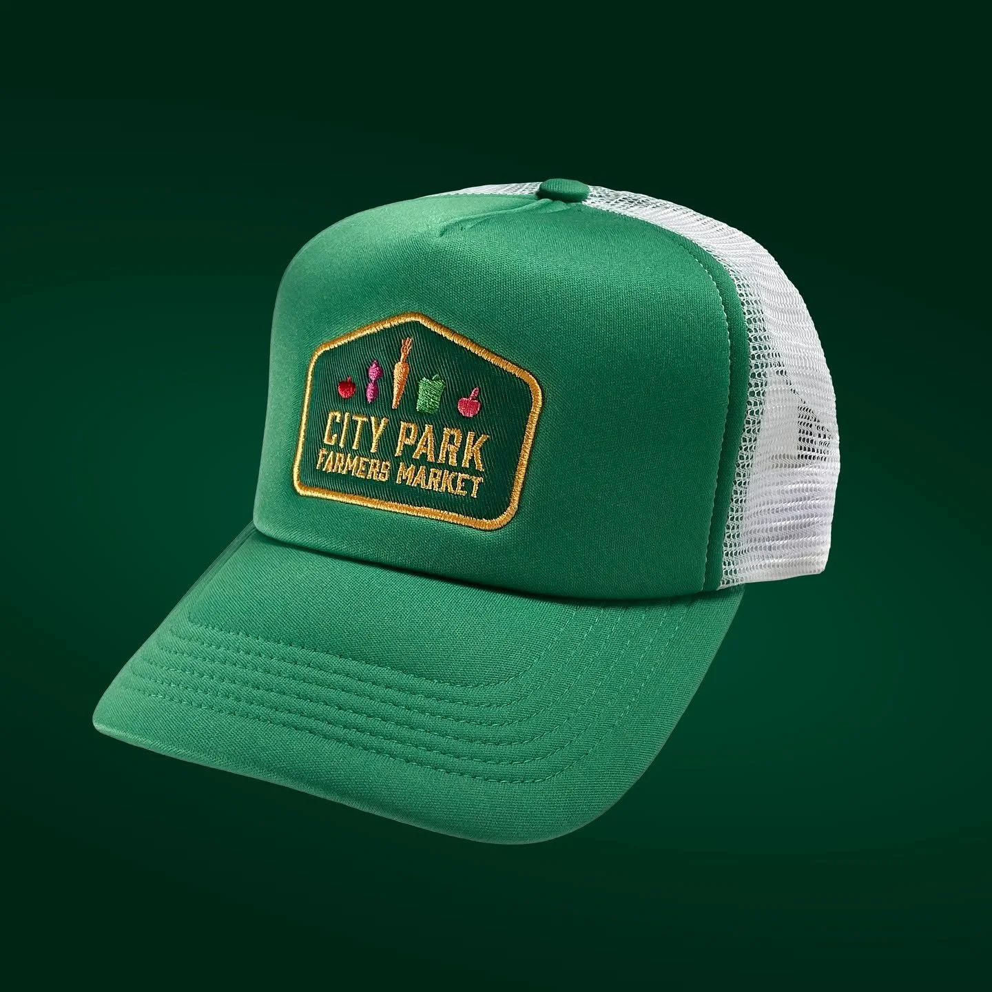 Shade in the front, breezy in the back. Veggies all the time. City Park Farmers Market got some classic mesh-back trucker, I mean... farmer hats this year. Stitched up and built by @treklight for @cityparkfarmersmarket Go get yours!