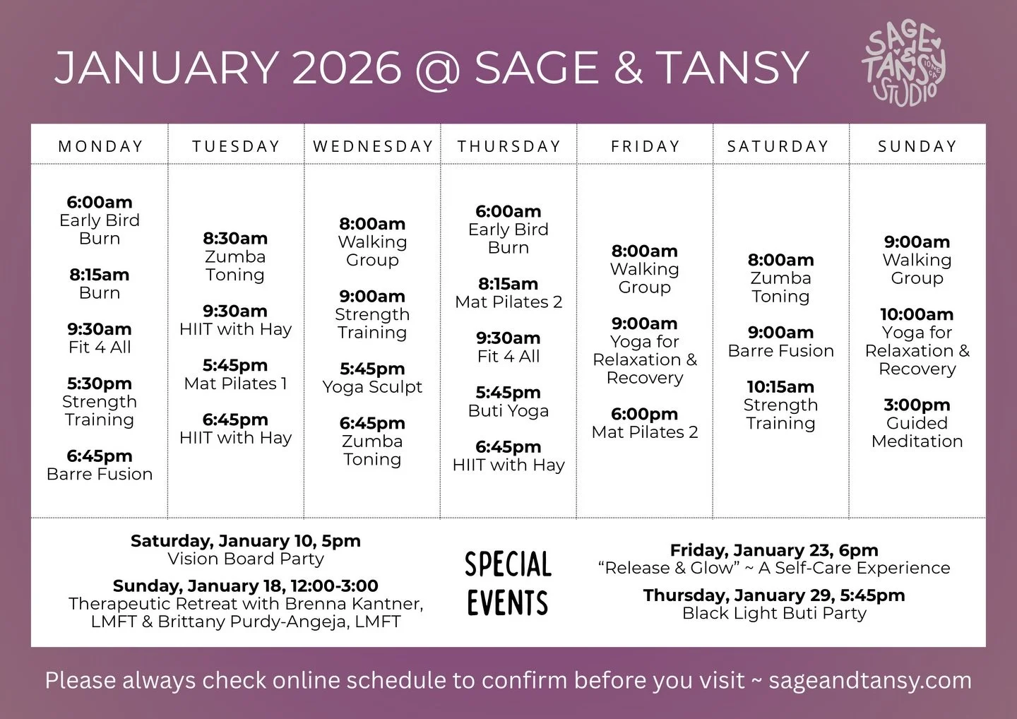 New schedule starts January 5! Added more to the mornings. As always, if you show up, we will keep them going! So excited to spend time with you this year! 🩶