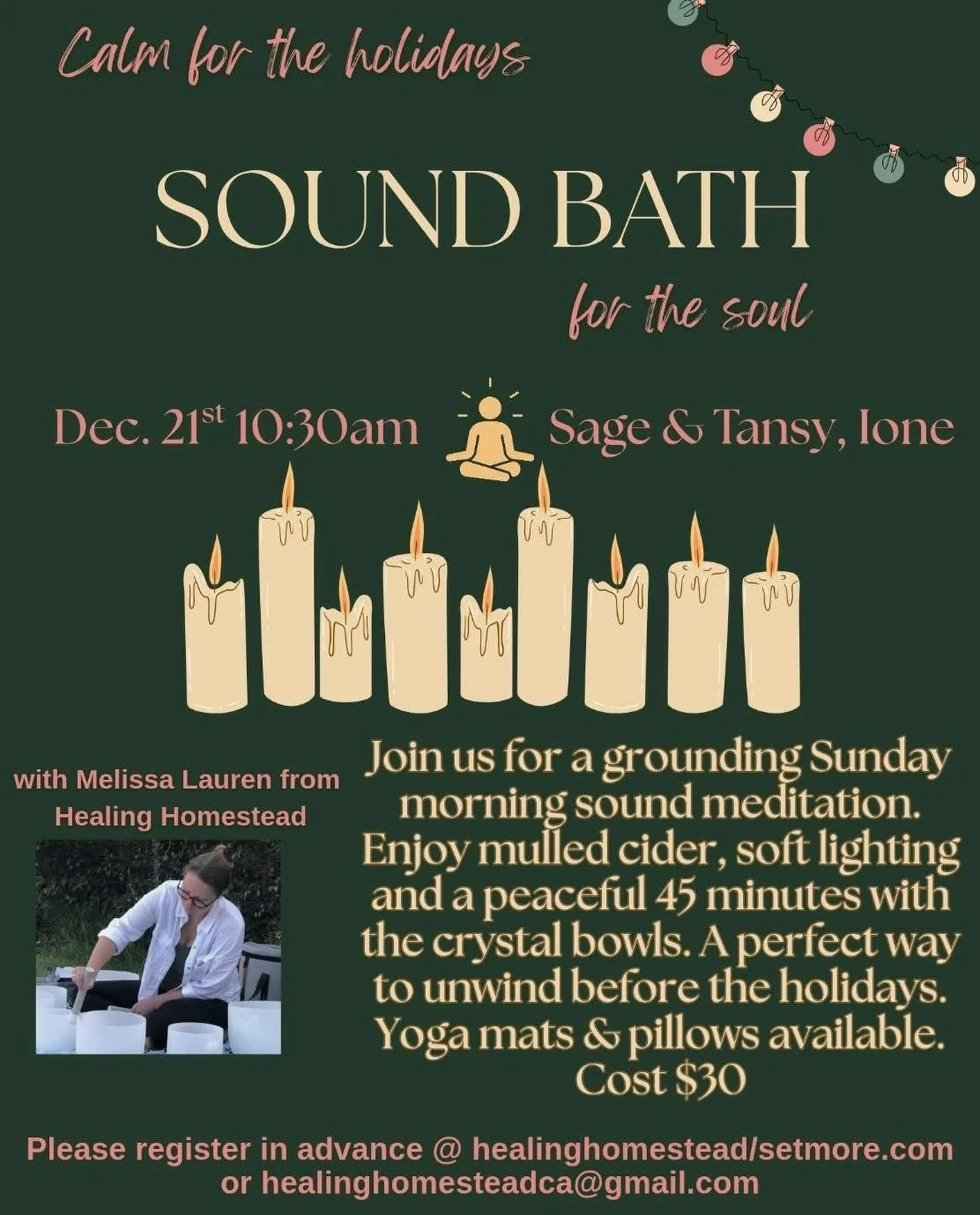 Join Melissa Lauren from Healing Homestead for a sound meditation to clear out the holiday clutter in your mind and calm the nervous system so you can breathe again. 🌾 Melissa will have delicious mulled cider, and the studio has all the cozy supplie