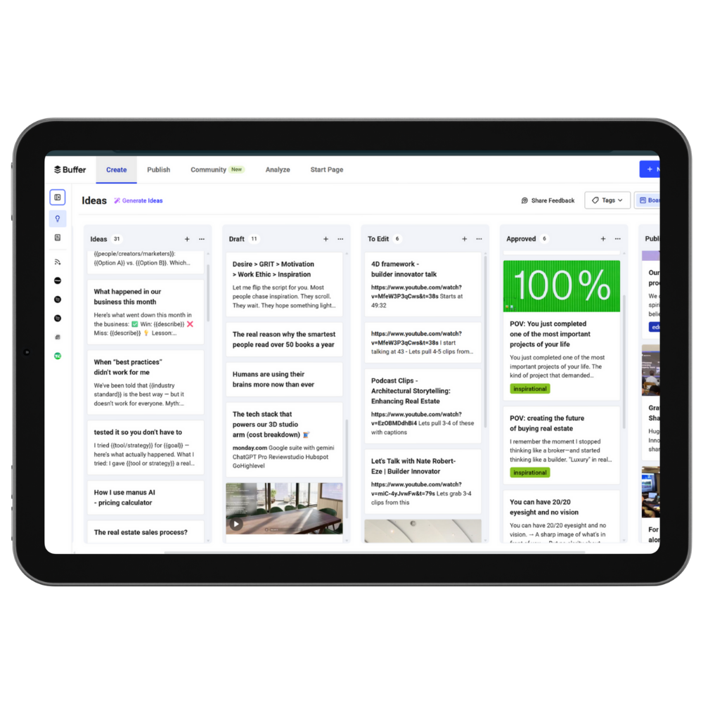 Screenshot of a digital workspace or content creation platform with columns labeled Ideas, Draft, To Edit, Approved, and Published, containing various notes, links, and updates for project planning and content management.