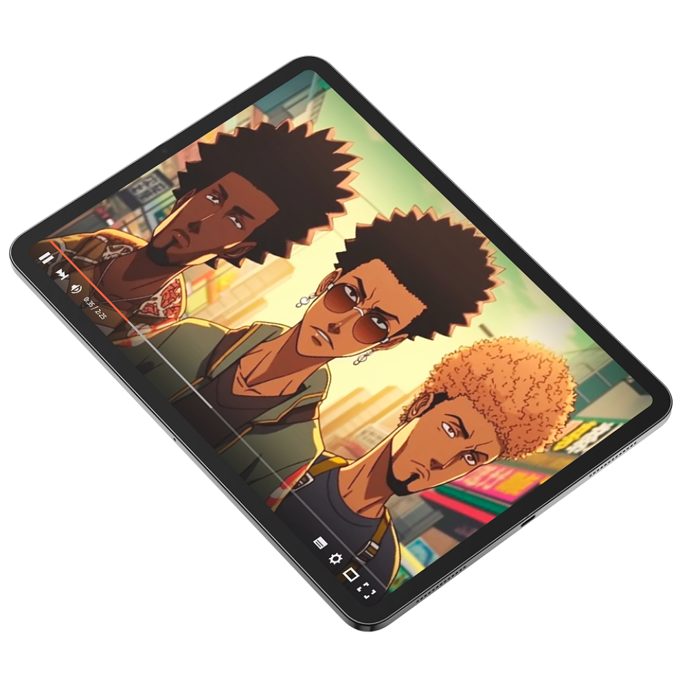 A tablet displaying animated characters from a cartoon or video game set in an urban environment.