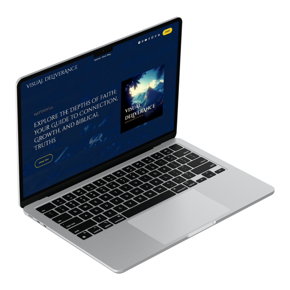Open laptop displaying a website promoting a faith-based book titled 'Visual Delivrance' with a mountainous, sunset background.