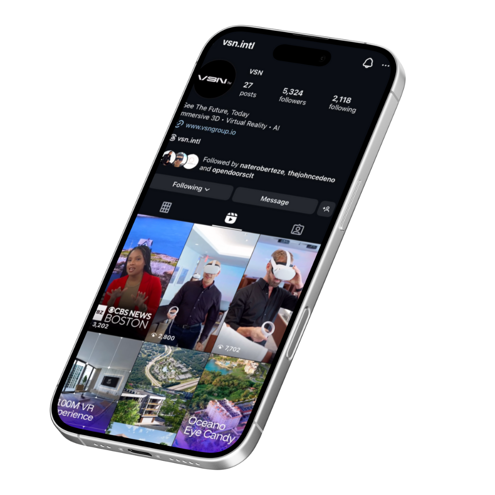 Smartphone displaying the Instagram profile of VSN, with videos and images related to virtual reality and immersive experiences.