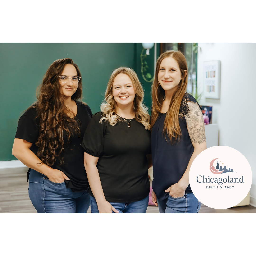 3 Doulas with a warm and inviting affect facing the camera smiling at the Chicagoland birth and baby office.