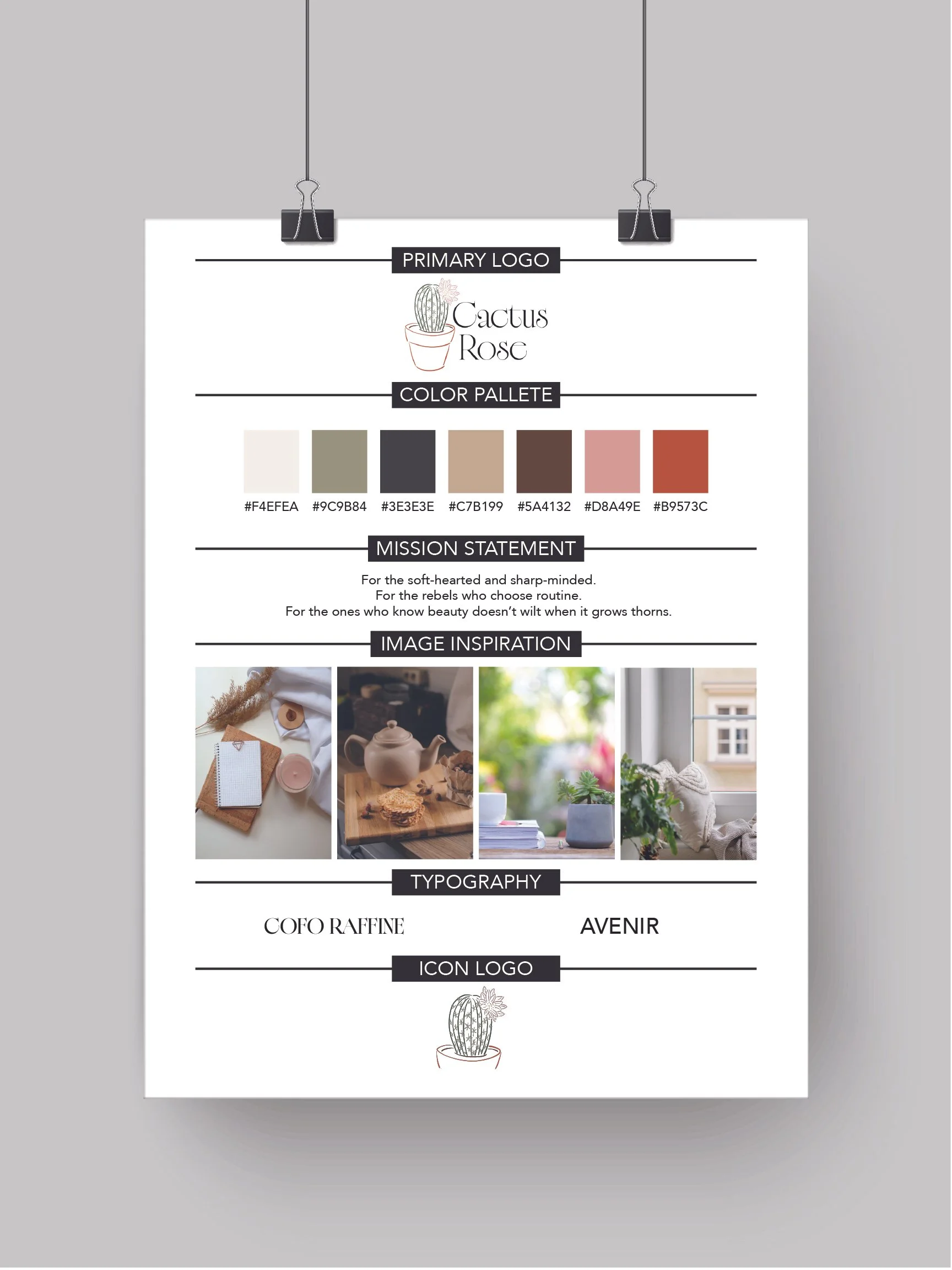 A design or branding board featuring a cactus icon at the bottom, a logo with the words 'Cactus Rose', a color palette with six swatches and their hex codes, a mission statement, image inspiration with outdoor and interior photos, and typography samples reading 'COFO RAFFINE' and 'AVENIR'.