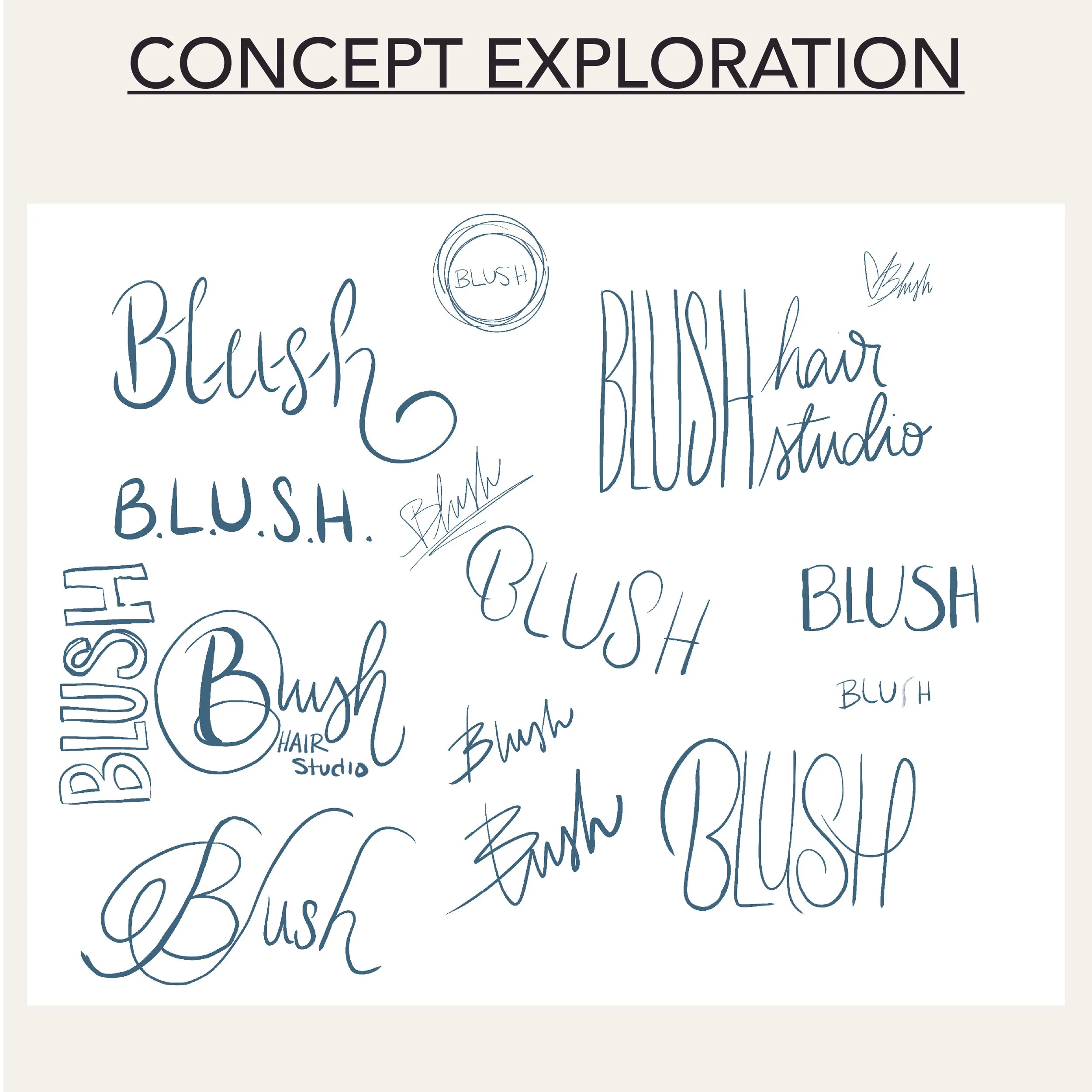 Logo concept sketches for Blush Hair Studio branding project