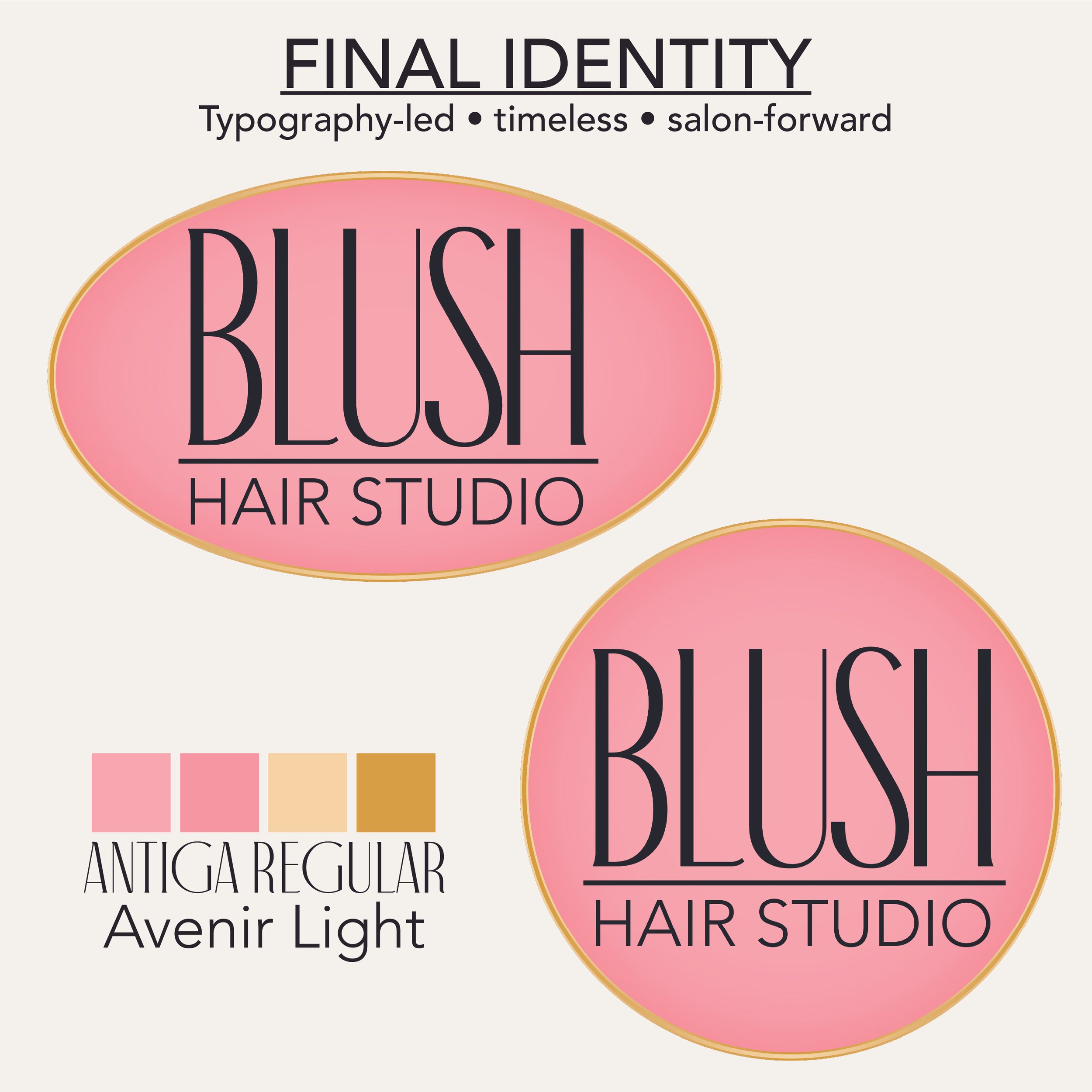 Final brand identity including logo and color palette for Blush Hair Studio