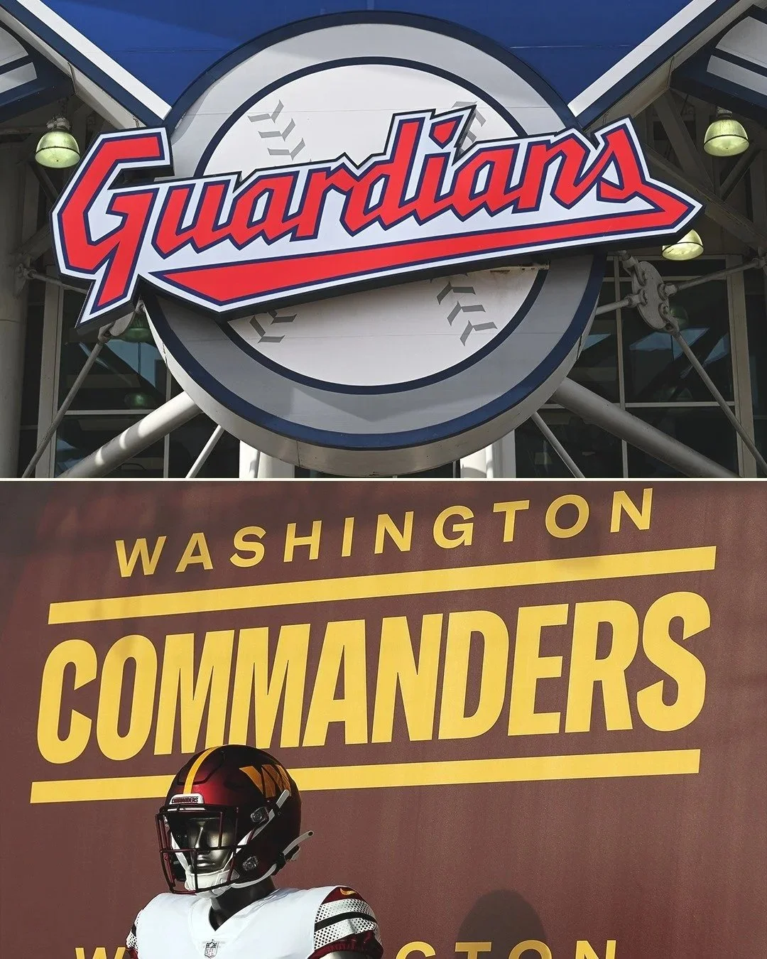 Signboard for Guardians baseball team and a large banner for Washington Commanders football team, including a football player in uniform.