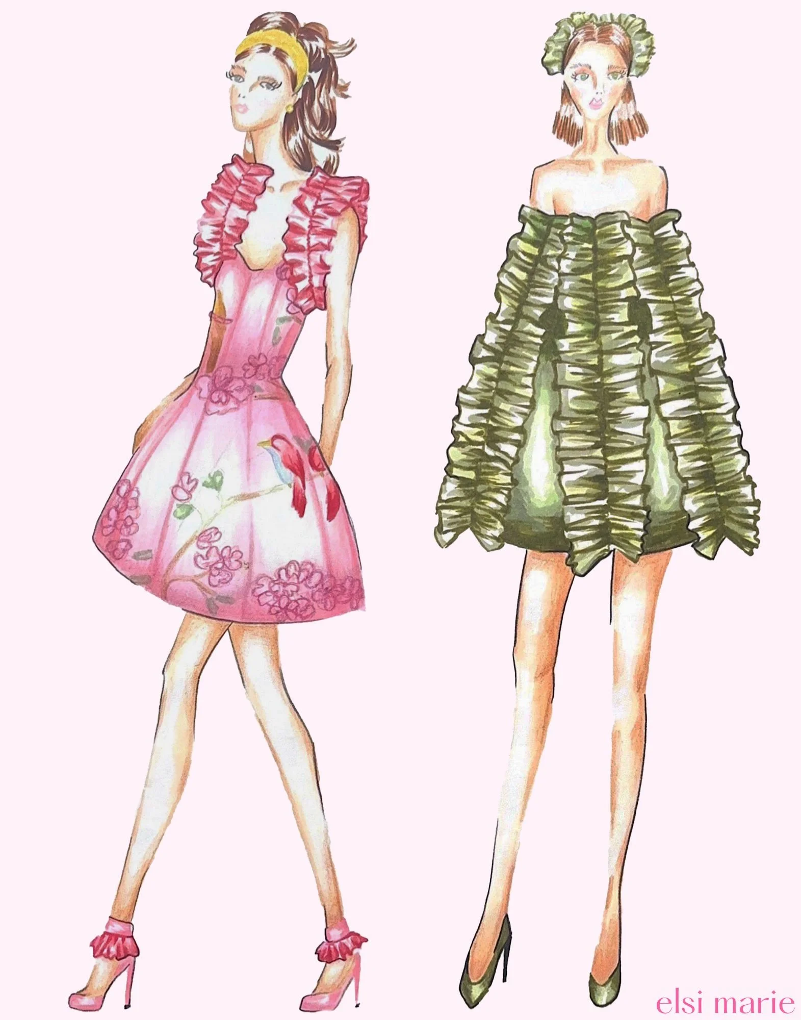 two looks within Paper Dolls. using marker and colored pencil