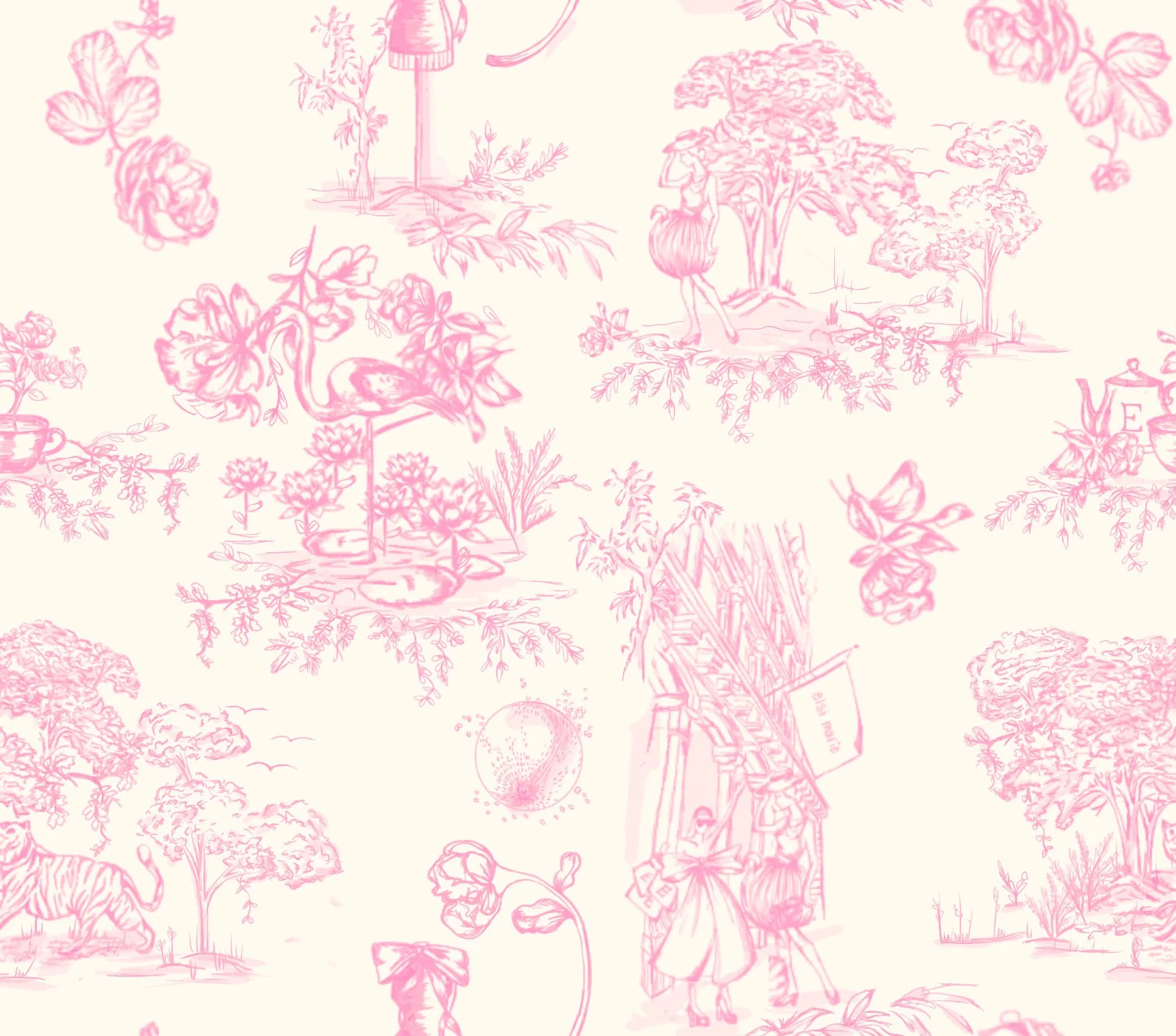 I created this toile by hand drawing motifs inspired by my life and what surrounds me. Using procreate software