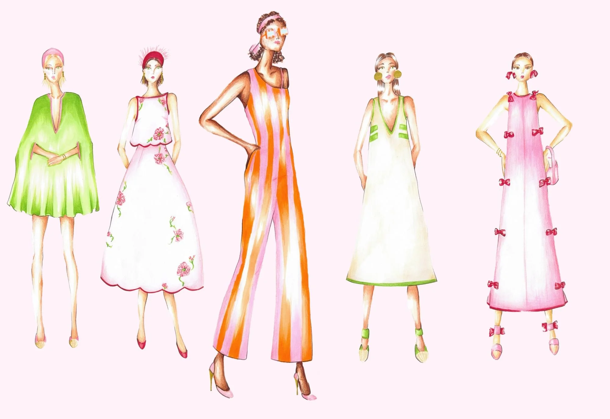 five looks from my project inspired by Henry Clarke's photography. using marker and colored pencil