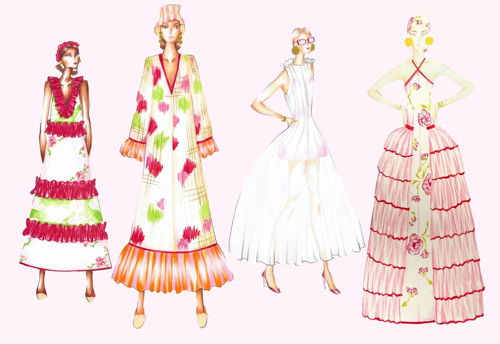 four looks inspired by Henry Clarke. using marker and colored pencil