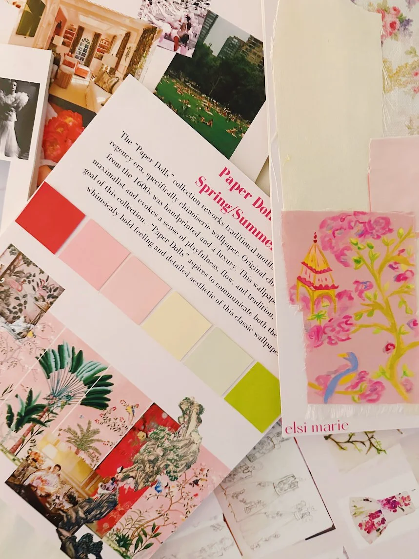 Final boards for my project I call "Paper Dolls" showing mood and fabrics as it was inspired by traditional chinoiserie wallpaper.