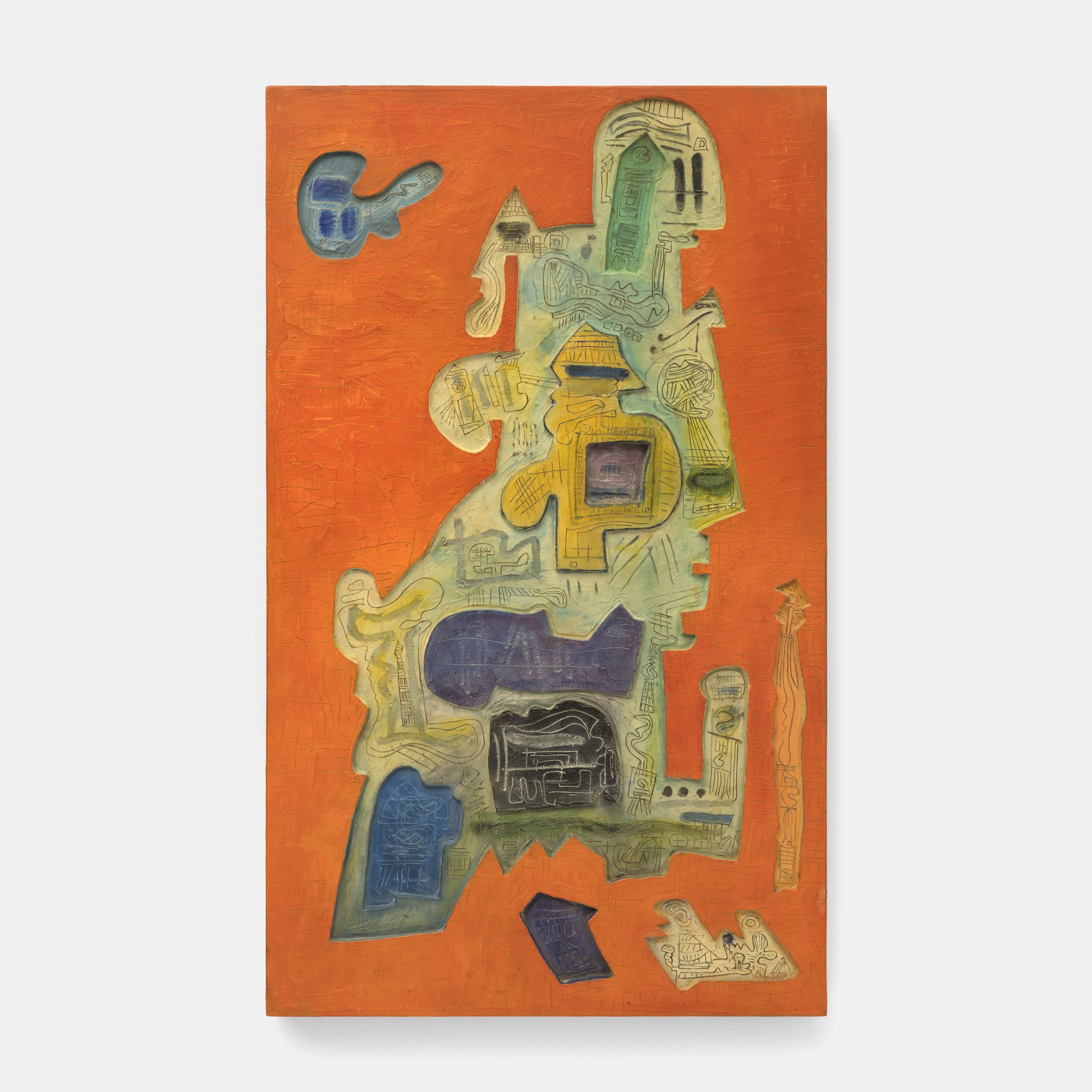 Tropical Interior, 1970,
mixed media on carved wood,
40 x 24 inches; 101.6 x 61 centimeters,
LSFA# 13427