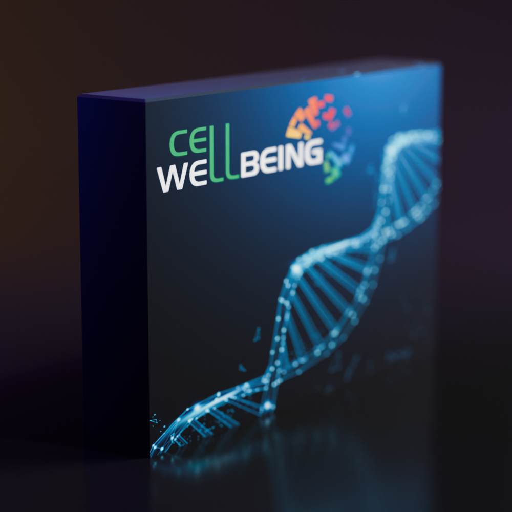 Cell Wellbeing kit with a blue DNA illustration on its packaging.