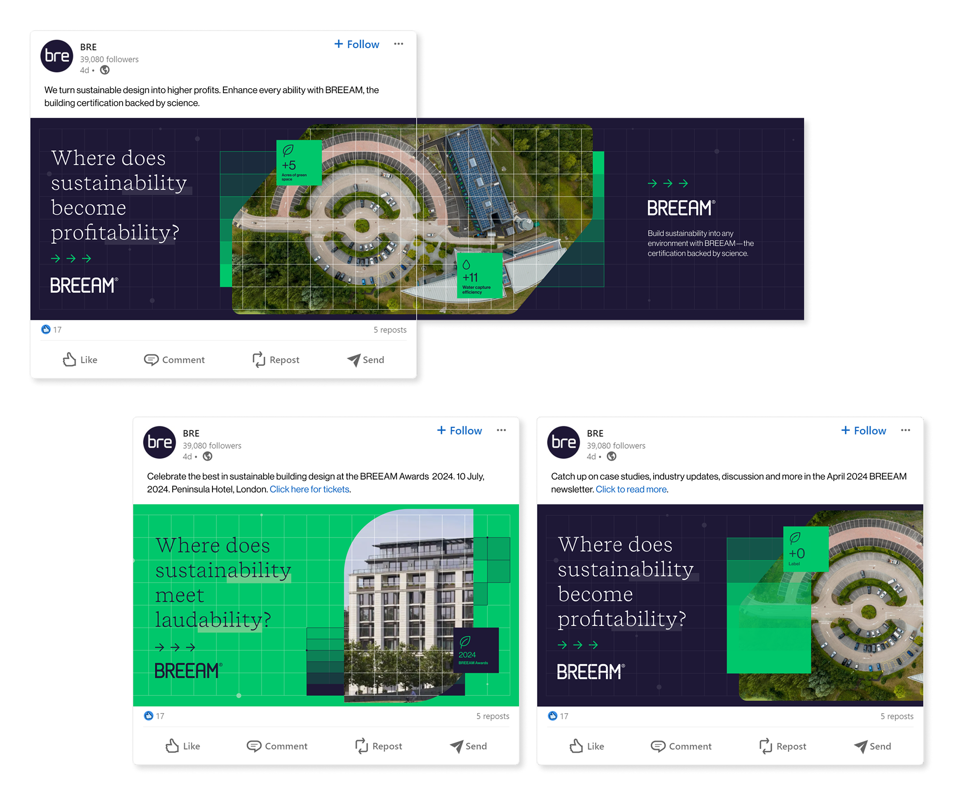 Three LinkedIn social ads displaying the new data visualization style developed for BREEAM's branding.