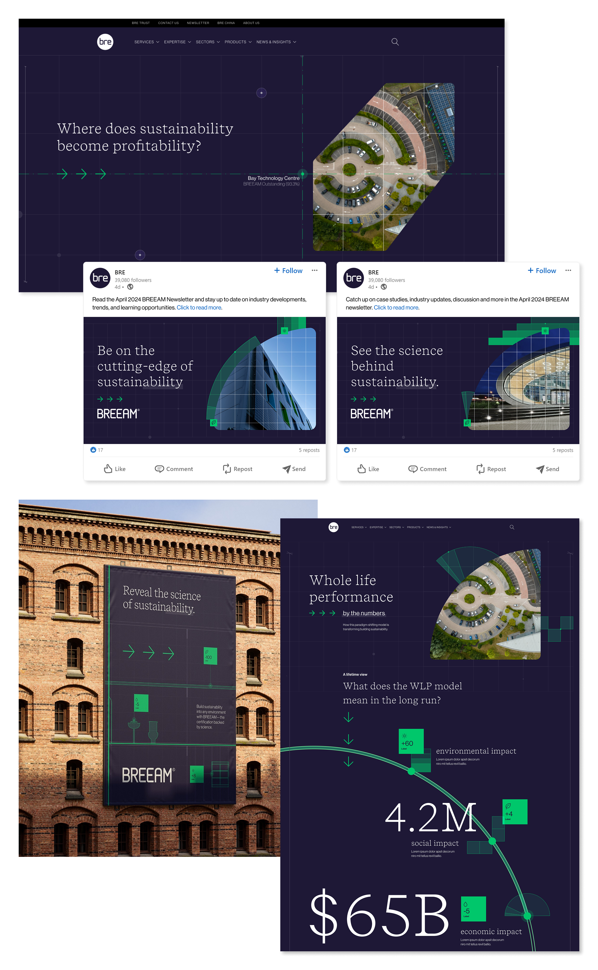 A web page, two LinkedIn social ads, and out of home ads designed for BREEAM's new branding campaign.
