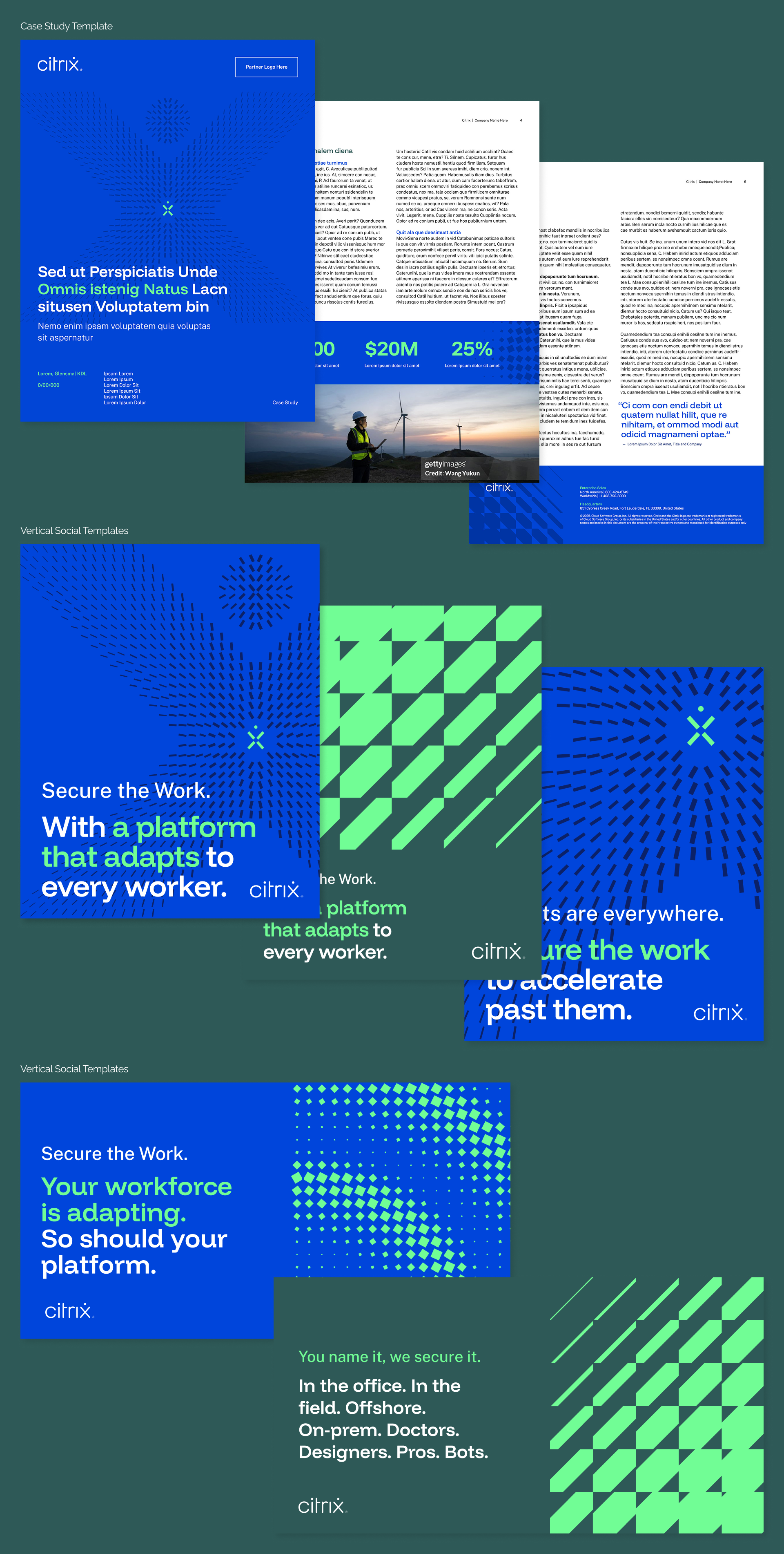 A collection social media and eBook templates for Citrix, featuring blue and green geometric patterns, text emphasizing adaptable platforms and workforce security, and images related to technology and work.