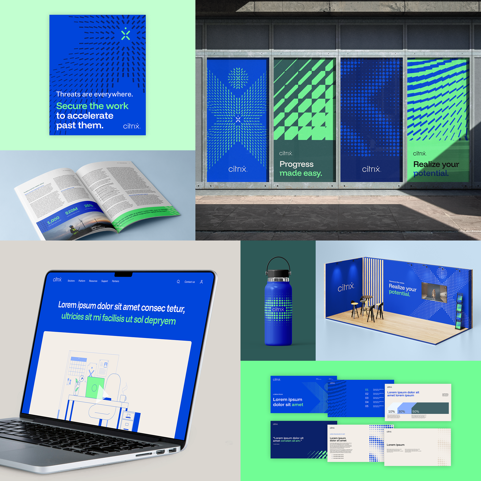 Collection of Citrix branding materials including posters, digital screens, brochures, a water bottle, and a conference booth, all featuring blue and green color schemes and modern graphic designs.