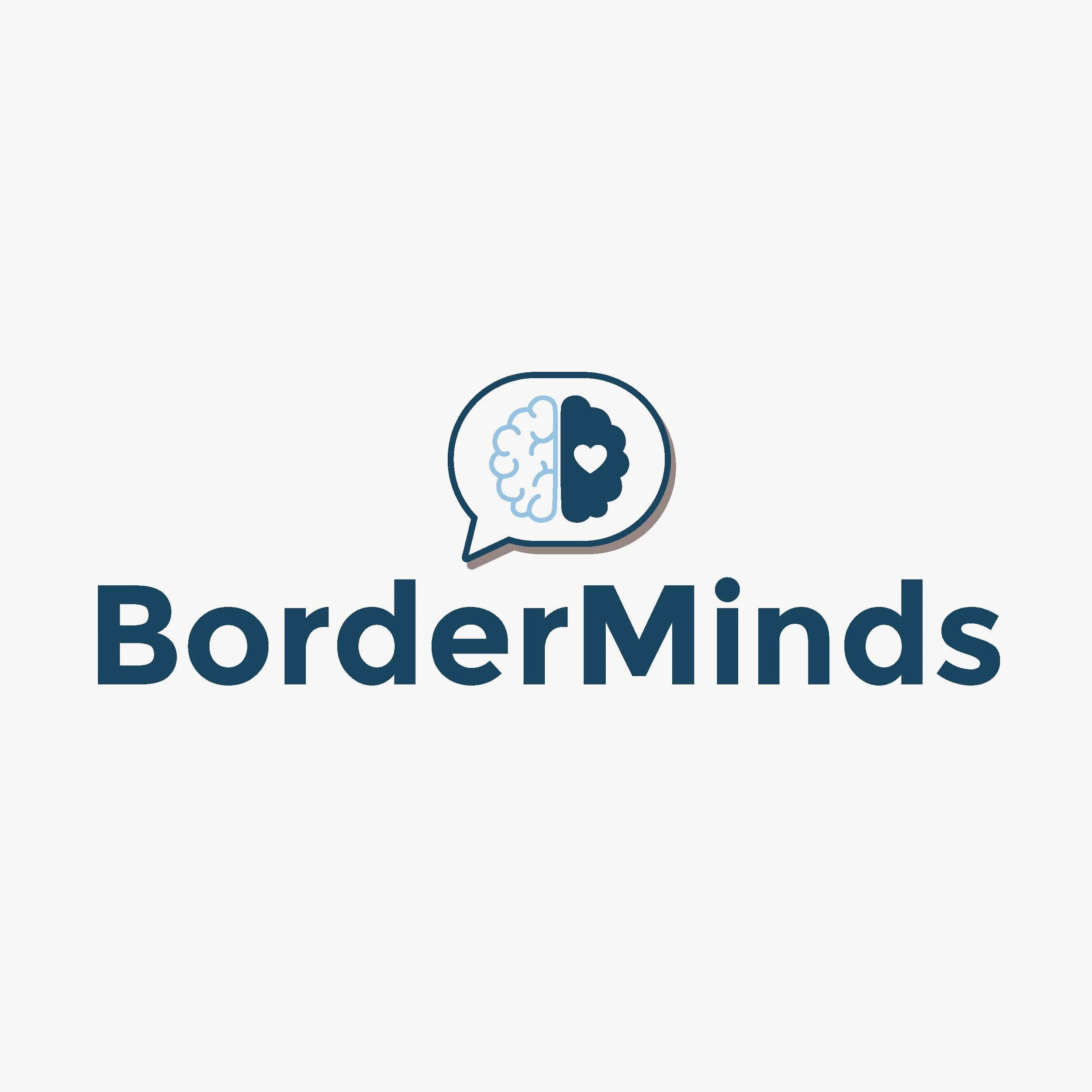 Logo for BorderMinds featuring a speech bubble with a brain illustration divided into two halves, one light and one dark, with a heart in the dark half; the text 'BorderMinds' below.