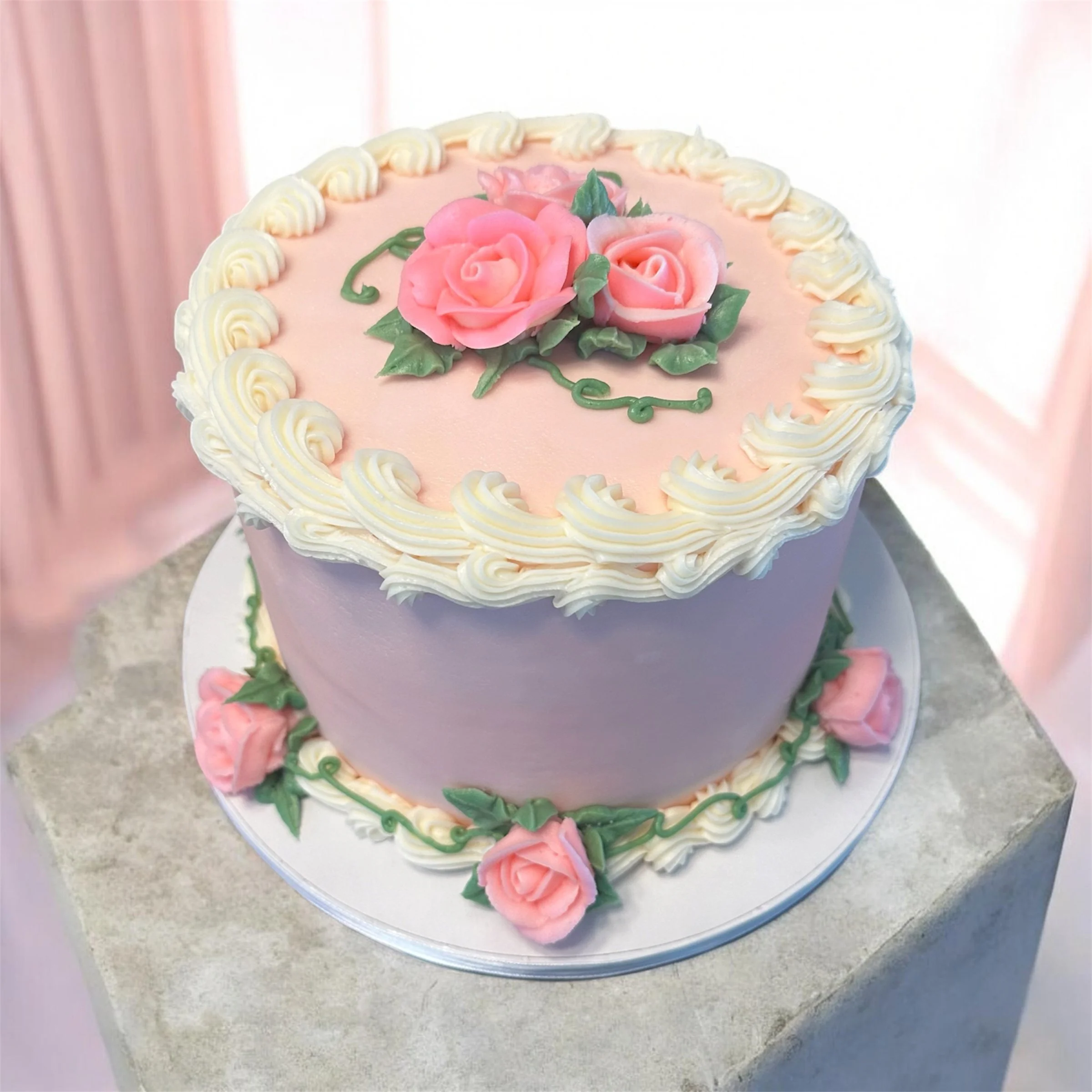 7" torted. This was a French Vanilla cake with Raspberry filling. It was made for a wedding reception. The bride and groom only wanted a small cake to cut. $80