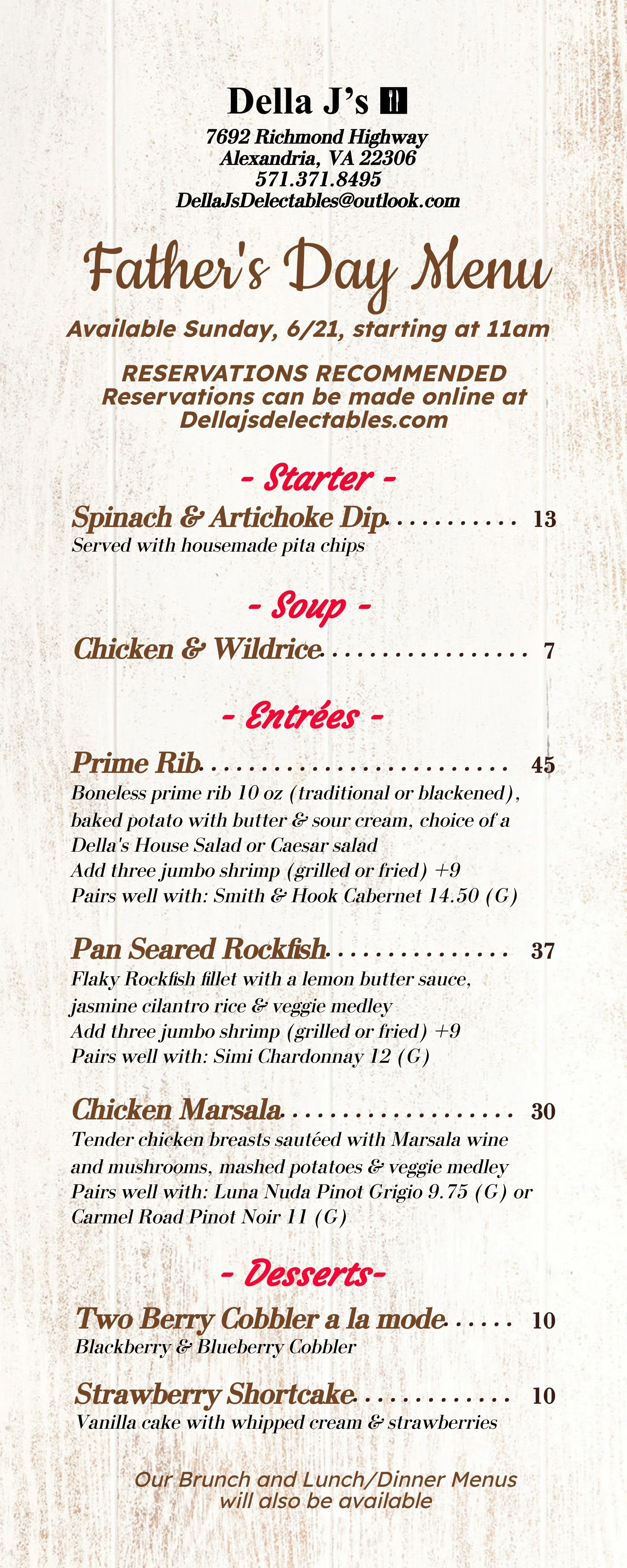 Join us on Father’s Day for our all day dinner specials