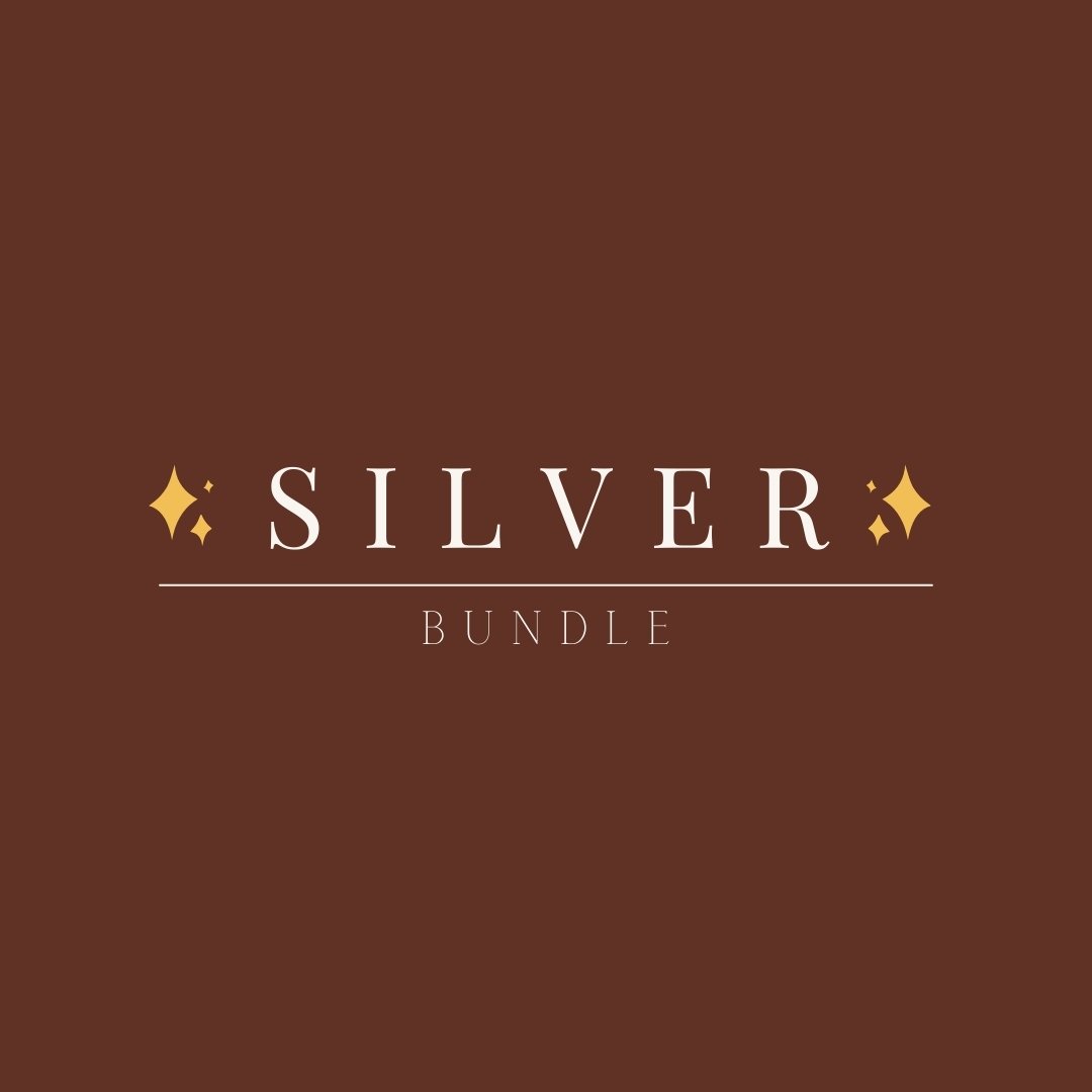 Brown background with the text 'Silver Bundle' in white, with decorative gold stars on each side of 'Silver' and a thin line separating it from the word 'Bundle'.
