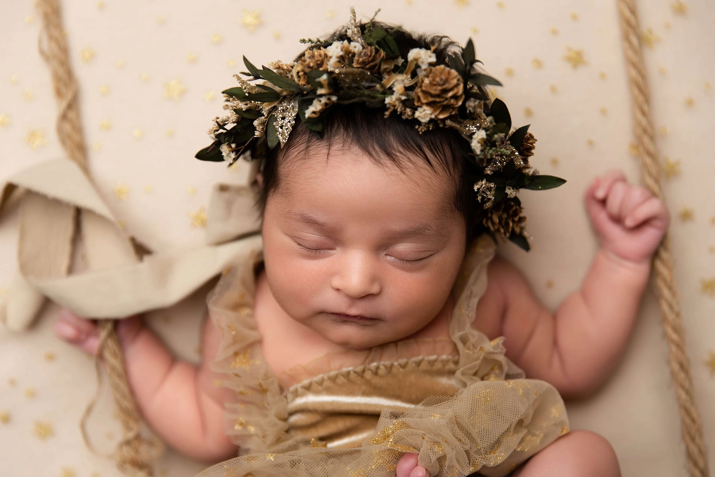 Calm boutique newborn studio set up for a safe baby photography session