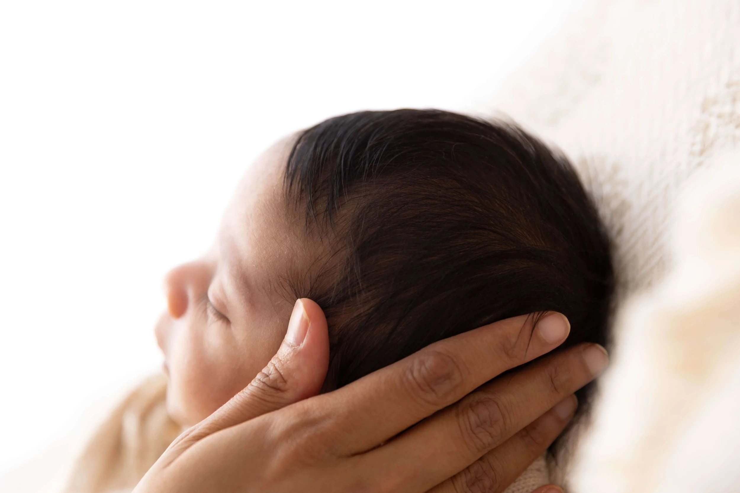 Soft neutral newborn portrait photographed in a Frisco TX newborn photography studio
